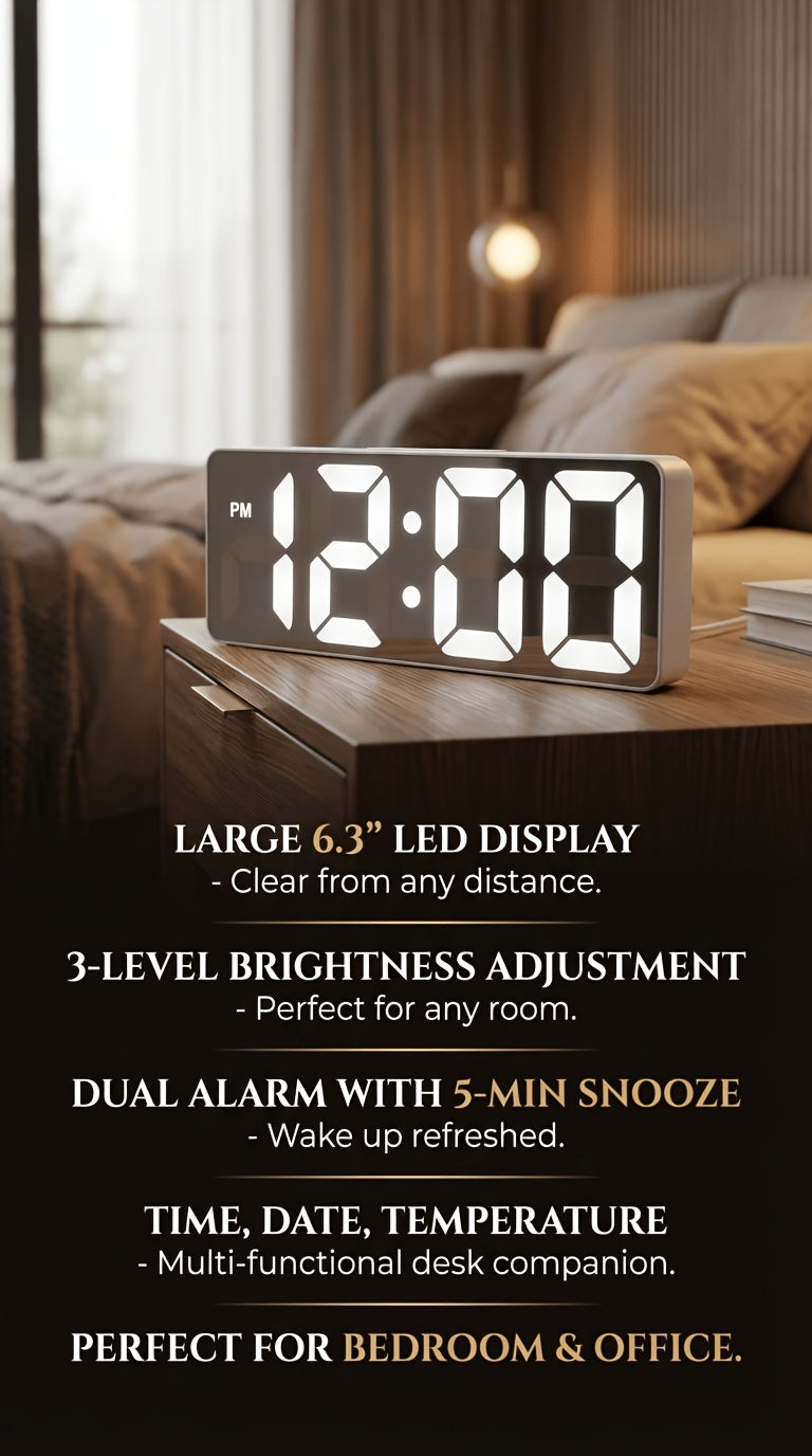 Latest Fashion Digital Clock, LED Alarm Clock for Bedroom, with Mirror, Shows Temperature And Day of The Week, Large Display Electronic Desk Clock, Adjustable Brightness, 12/24 Hours, Small Bedroom Alarm Clock, Christmas Gift Decoration