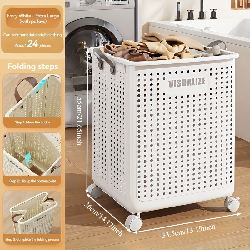 11/15/17.5 Gallon Foldable Laundry Basket with Wheels, Breathable Plastic Rolling Laundry Hamper with Faux Leather Handles, Space-Saving Clothes Storage Bin for Bathroom And Bedroom, Laundry Baskets