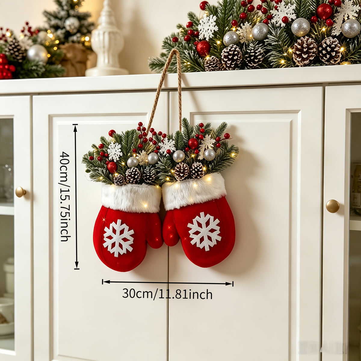 Flashing Christmas Glove Wreath With 20 LED, Christmas Wreath For Front Door With Artificial Pine Branches, Red Berries, And Frosted Pine Cones, Suitable For Indoor/Outdoor Decoration, Used For Christmas Tree, Wall Decoration