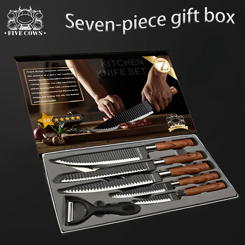 Professional 6/7pcs Cooking Utensil Set, Practical Knife, Peeler, And Scissors Made Of High-carbon Stainless Steel With Ultra-sharp Edges And Non-stick Ergonomic Wooden Handles. Chef'S Knife Set, Suitable For Family Travel, Vegetable, Meat