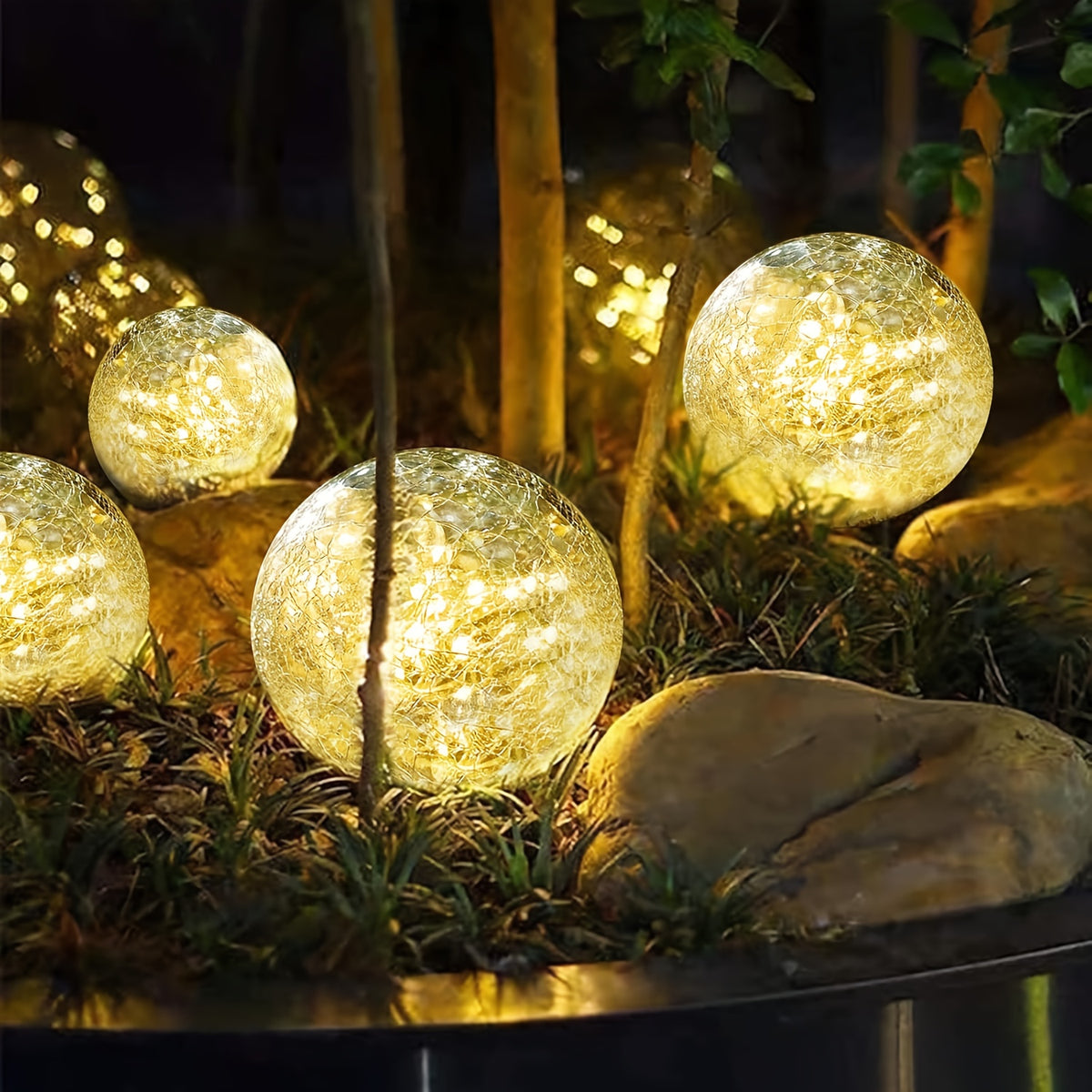 4 Solar Spherical Lights, Outdoor Solar Garden Spheres, Outdoor Cracked Glass Globes, Outdoor Solar Spheres, Christmas Decorations for Courtyards, Lawns, and Backyards, Christmas Ornaments, Large Size, Upgraded Packaging,halloween/christmas Decor
