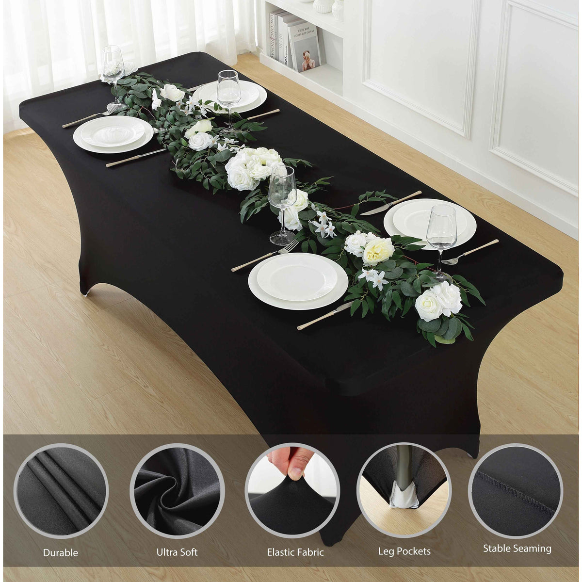 1pcs 4ft/6ft/8ft Spandex Tablecloth, Fitted tablecloth, Wrinkle Resistant Stretchable Rectangle Table Cover For Event, Wedding & Parties