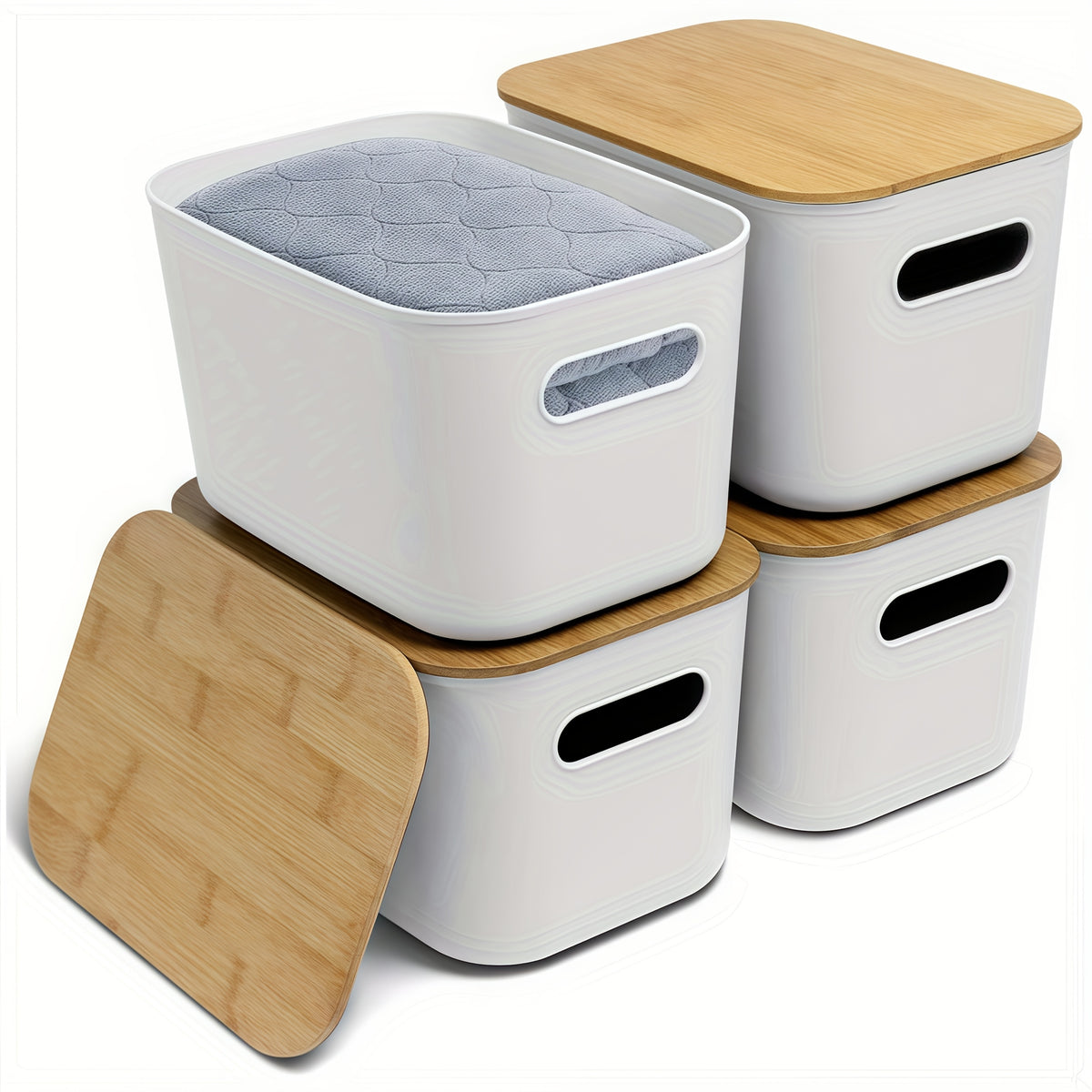 8/4/2/1pc Storage Bins with Woods Lids Plastic Storage Containers for Organizing Stackable Storage Box with Handle, Medicine Cabinet Organizer, for Bookshelf, Storage Organizer for Home, Office, Desktop, Playroom, Classroom, White