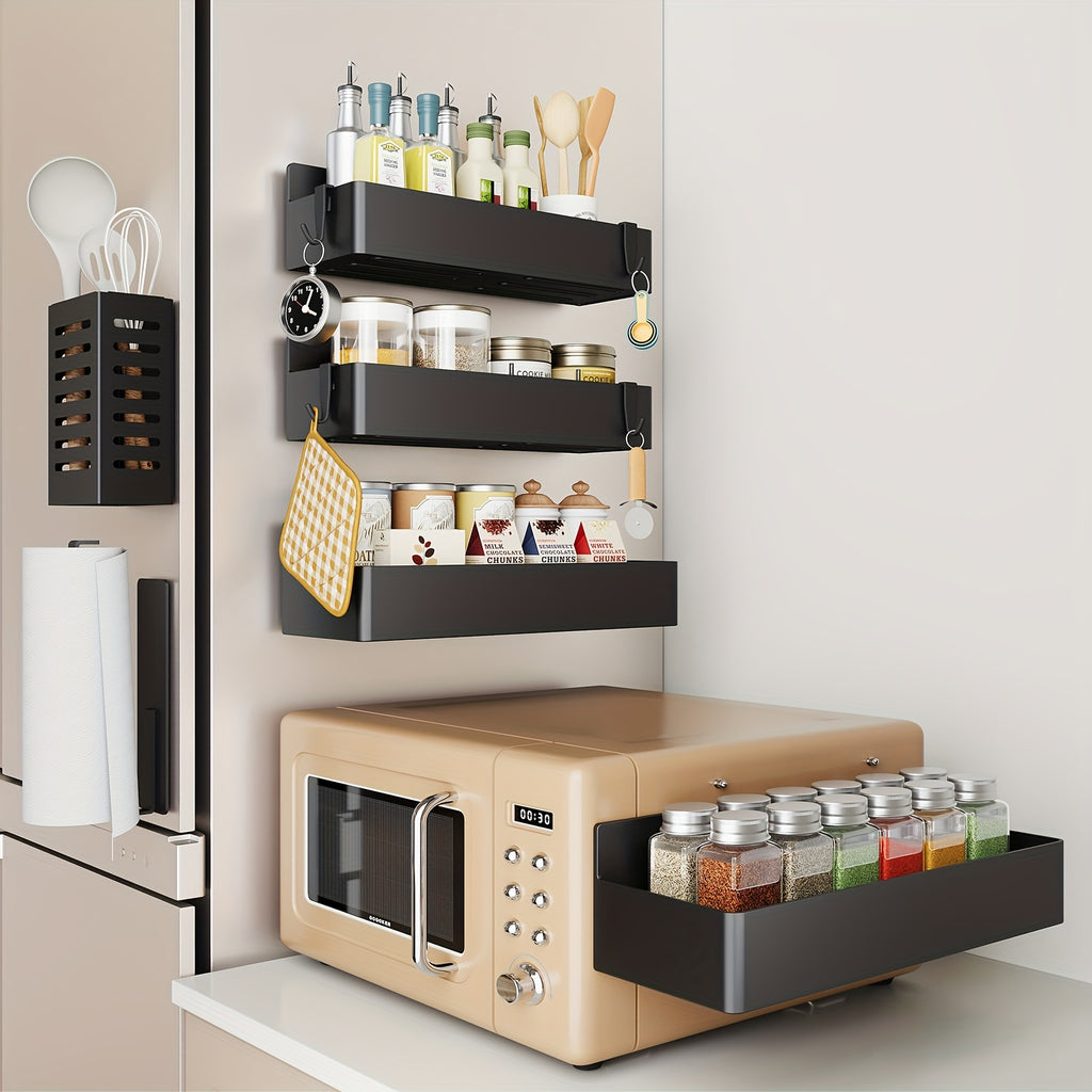 5/6pcs Multifunctional Magnetic Refrigerator Spice Organizer Set, Magnetic Kitchen Paper Towel Holder, Magnetic Refrigerator Kitchen Utensil Organizer with Four Hooks, Space Saving Design, Hole-Free Design, Kitchen Accessories, Home Decoration, Utility Sh