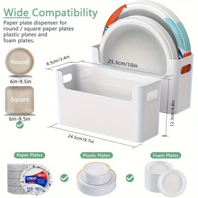 Disposable Plate Organizer, Plastic Storage Holder for 6–9.5 Inch Plates with Side Handles and Stackable Design for Kitchen, RV and Picnic Setup