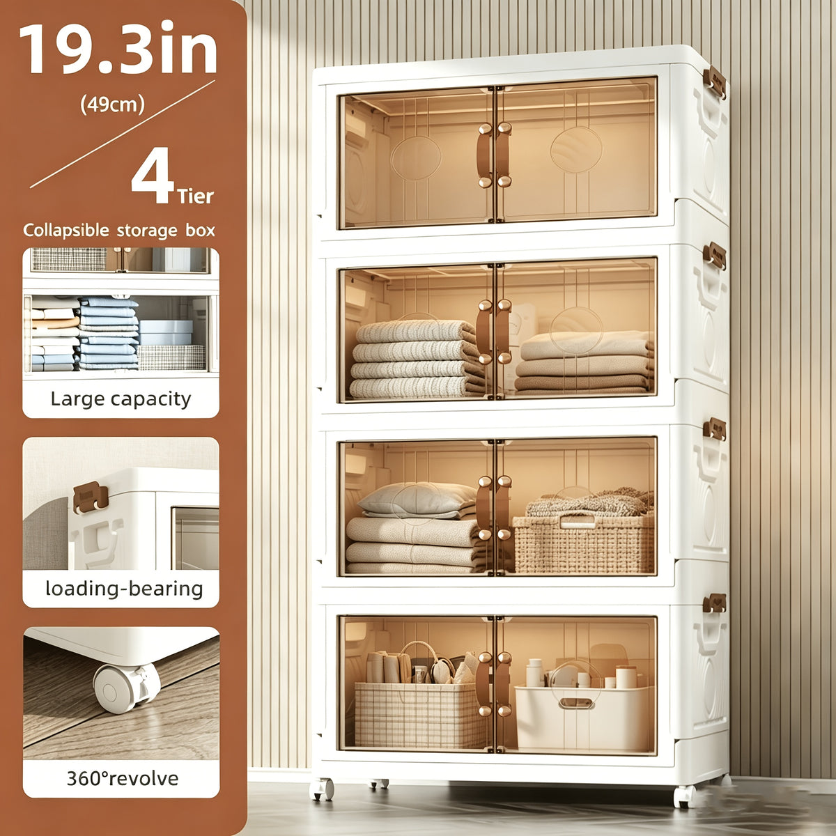 Lidded Storage Bins 2/3/4/5-Tier, Dual-Opening Storage Organizer Box, Large Storage Container with Lid and Wheels, for Storing Books, Kitchen Storage Cabinet, Storage Drawer Unit for Storage and Organization