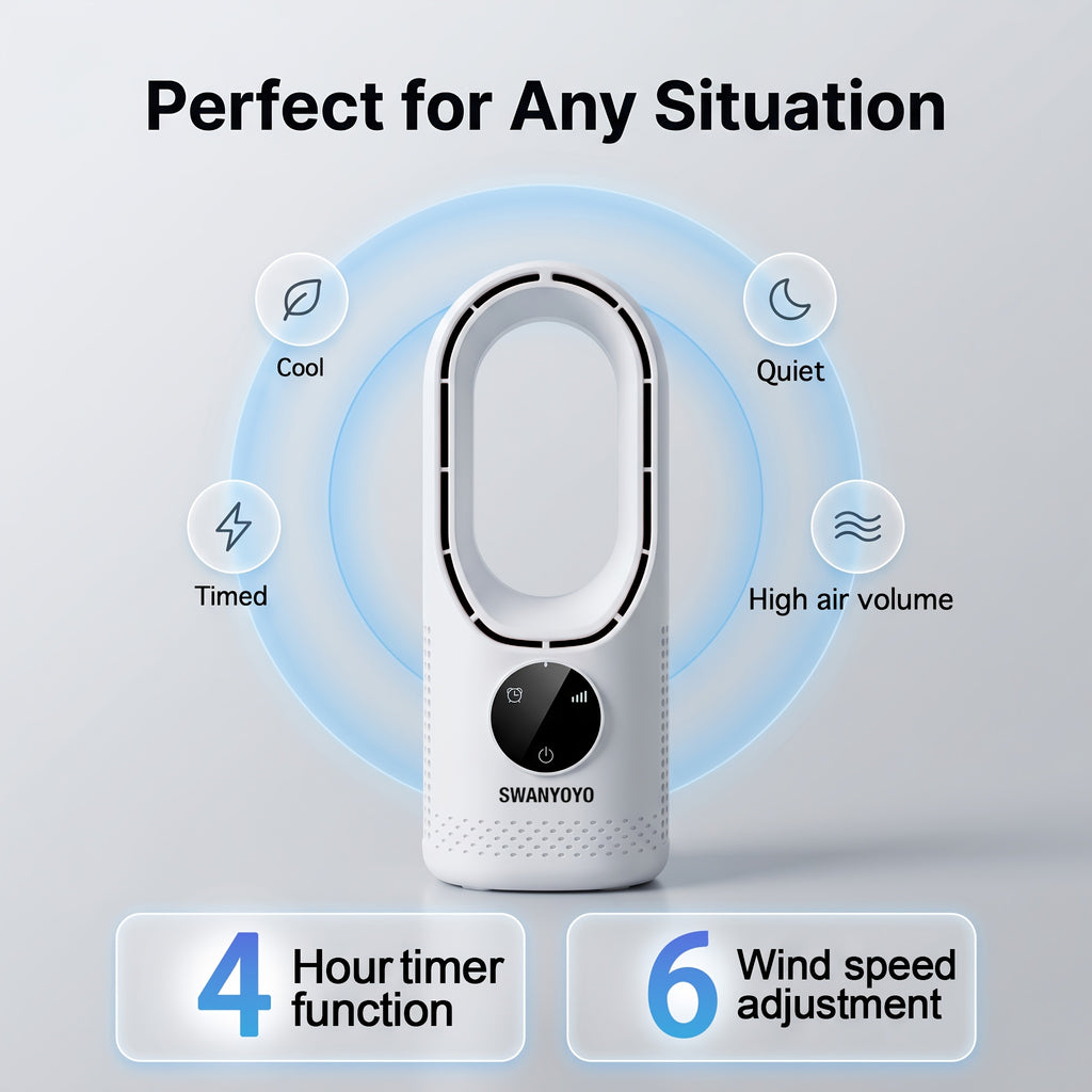 Portable Fan, USB Tower Fan, Desktop Bladeless Fan - Optional Remote Control, Touch Screen, Multi-speed Adjustment, Timer Function And Intelligent Shutdown - Perfect For Offices, Travel, Camping And Home Necessities