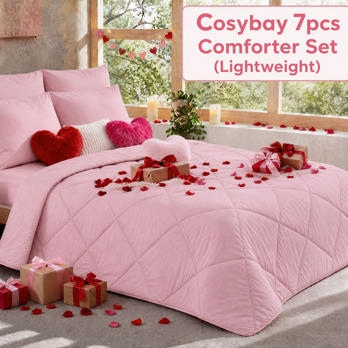 Cosybay 7 Piece Pinch Pleated Comforter Set Queen King Size, Luxury Soft Fluffy Bedding Includes 1 Comforter, 1 Extra Deep Pocket Fitted Sheet, 1 Flat Sheet, 4 Pillowcases & Pillow Covers, Perfect for Halloween Party, Holiday Celebrations & Birthday