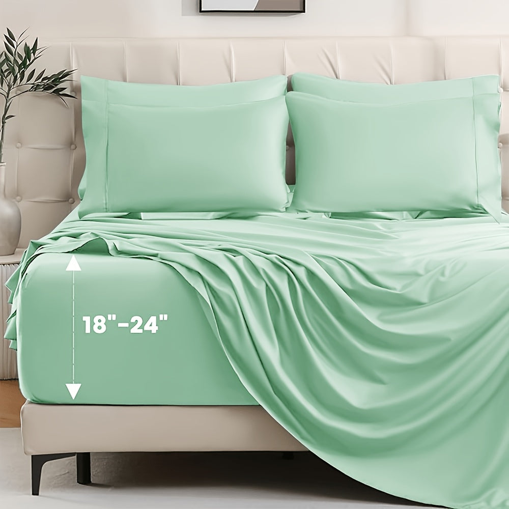 4pcs Bamboo Cooling Bedding - Cooling Bamboo Fiber Fitted Sheet Set, Extra Deep Bamboo Sheet Set- Suitable For Hot Sleepers, Kids, Children Pillowcases, Flat Sheet And Fitted Sheet - A Perfect Gift For Family, Queen And King Sizes, Next Day Delivery