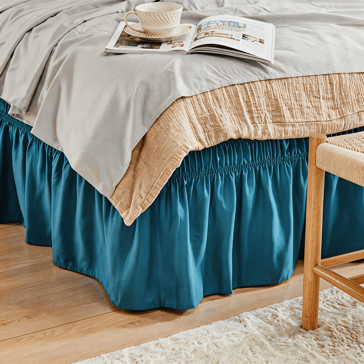 Leafy Sleep Elastic Bed Ruffle, Easy Wrap Around Ruffle, Microfiber Bed Skirt with Adjustable Elastic Belt 15 Inch Tailored Drop, Hotel Quality Bed Skirt, Fade Resistant, Easy Fit, Machine Washable