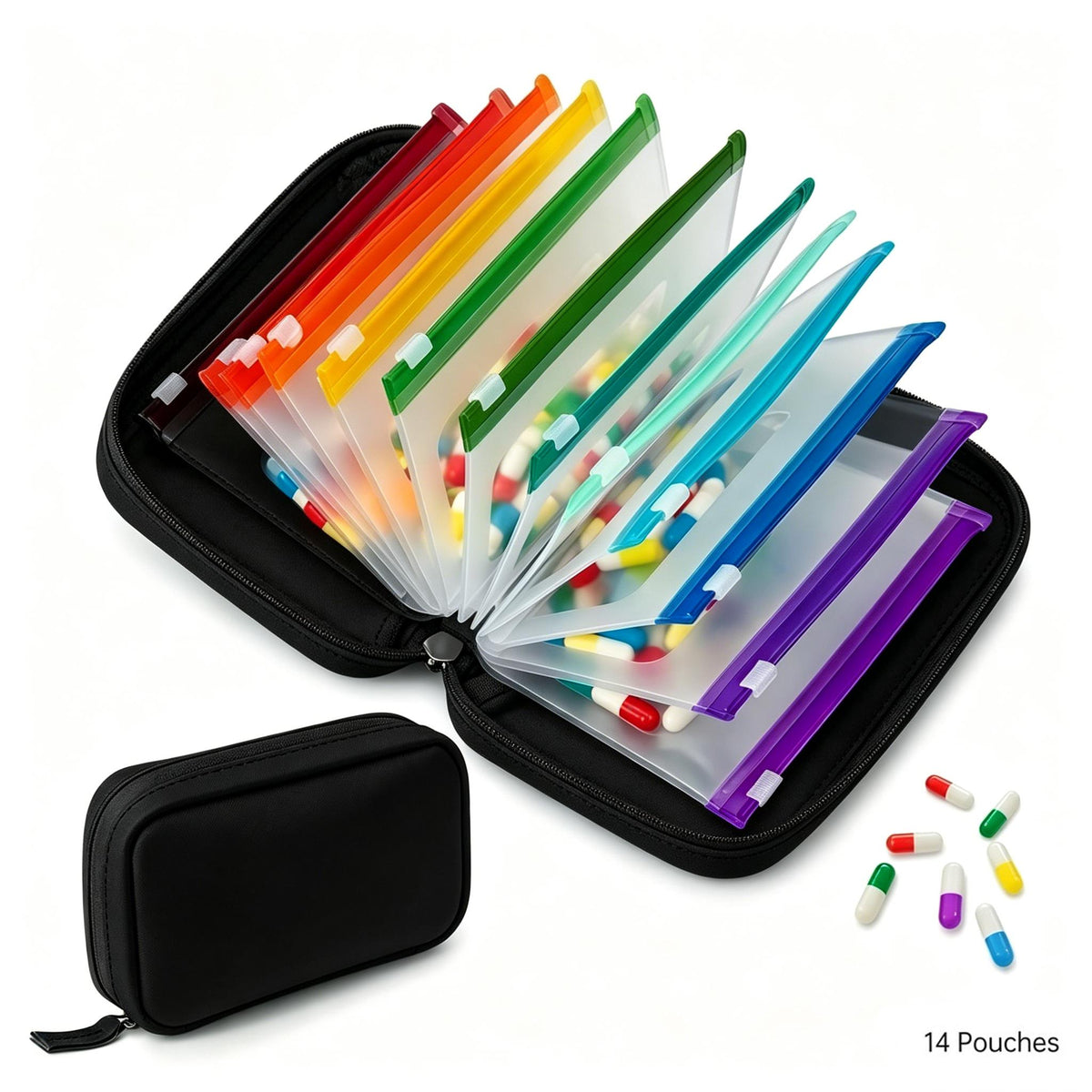 1 Pack of A8 Waterproof Pill Storage Bag Set, Large Weekly Pill Organizer with 14 Color-coded Pill Bags, Reusable Travel Medicine Storage Bag, Zipper Pill Storage Bag, Suitable for Fish Oil, Vitamins
