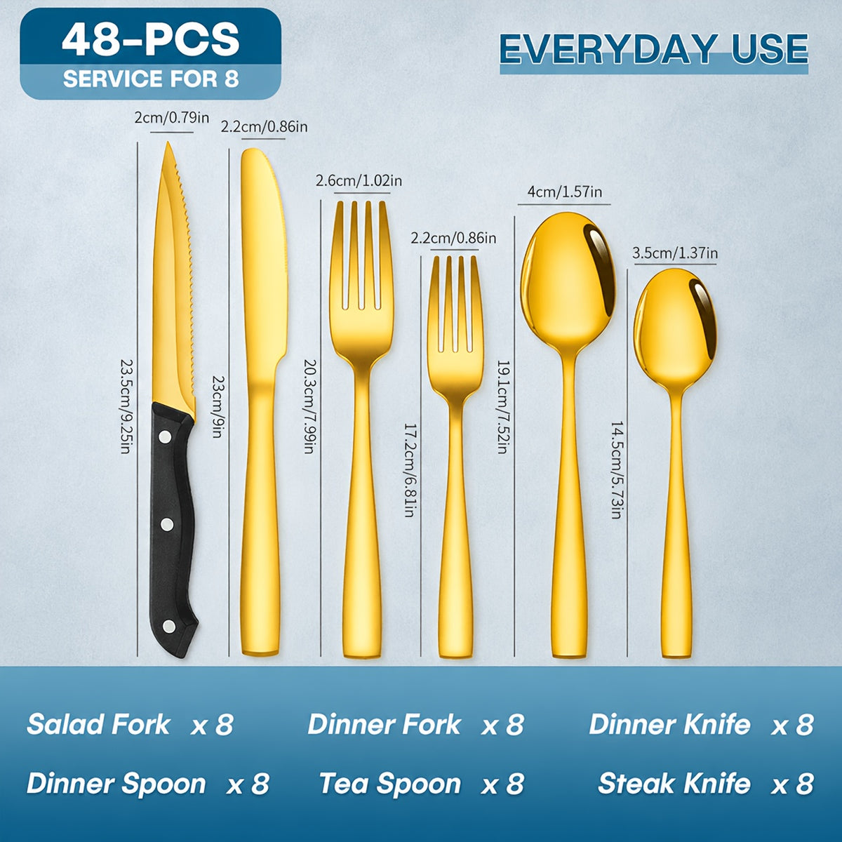 48pcs Black Silverware Set with Steak Knives Service for 8, Stainless Steel Flatware Set, Mirror Polished Kitchen Additions, Home Kitchen Party Eating Tableware Set, Includes Fork Knife Spoon Set, Dishwasher Safe