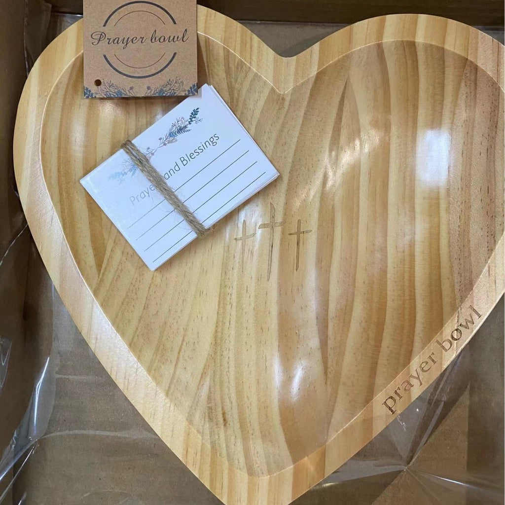 Easter Retro Wooden Heart Prayer Bowl And 30 Prayer Card Set, Handcrafted Decorative Bowl, Wooden Heart-Shaped Prayer Bowl with Carved Cross And "Prayer Text" -Perfect Home Decor, Kitchen Food Rack