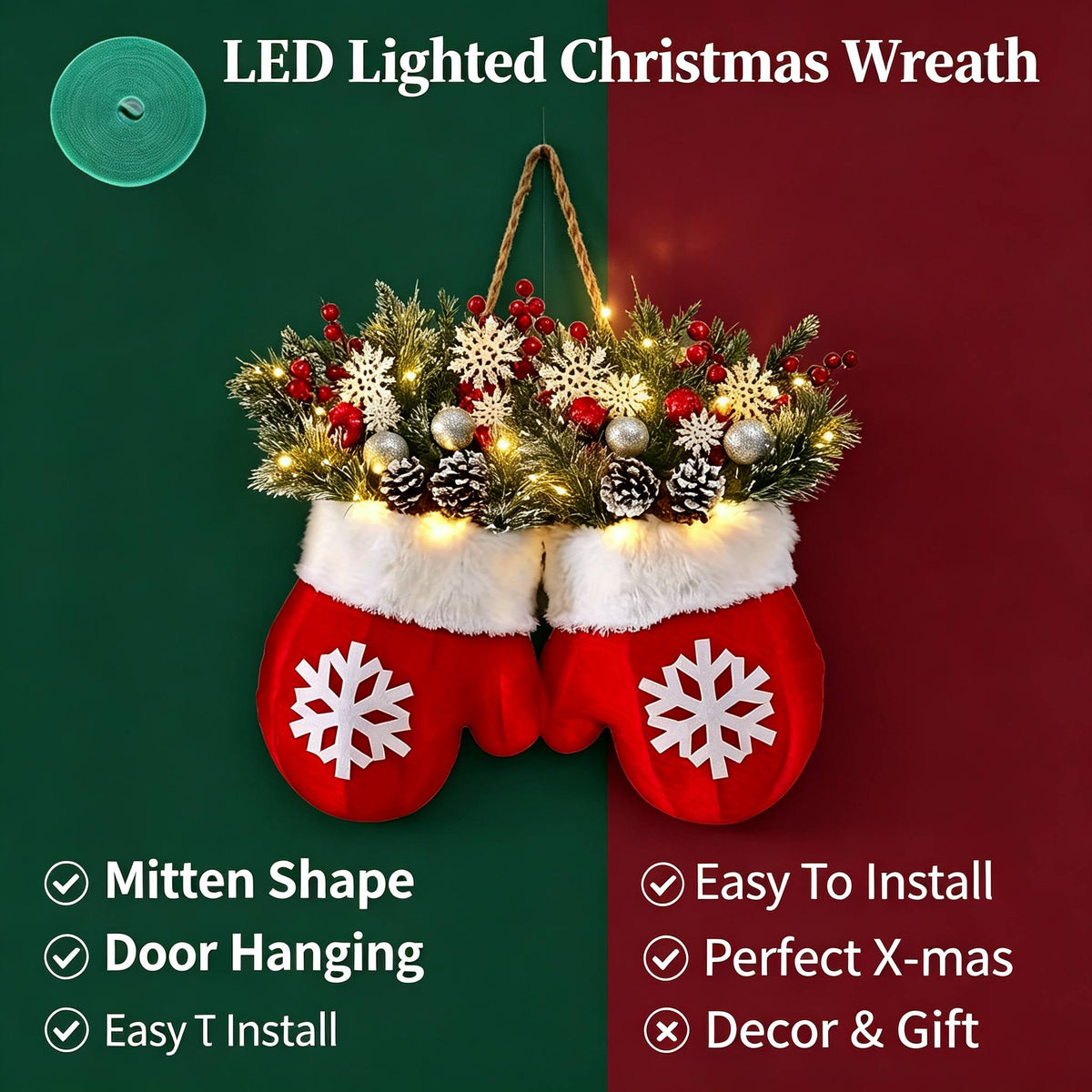 LED Twinkling Christmas Wreath with Twinkling & Artificial Pine Garland - Suitable for Front Door, Wall Decor, / Holiday Decoration - Plastic Mitten Wreath with Red Berries and Pine Branches Halloween Christmas