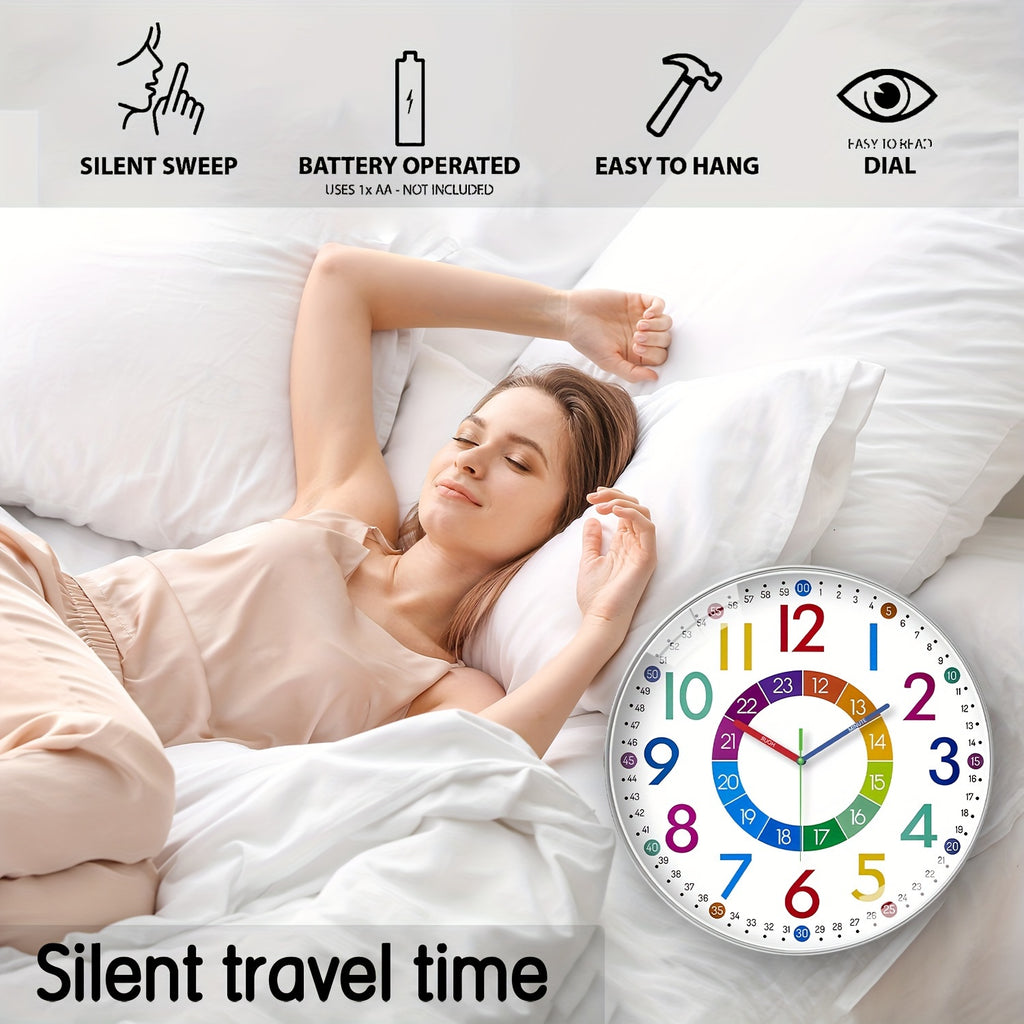 Learning Wall Clock for Kids, Colorful 8 10 or 12 Inch Time-Telling Teaching Clock with Silent Quartz Movement and Plastic Frame for Bedroom and Classroom