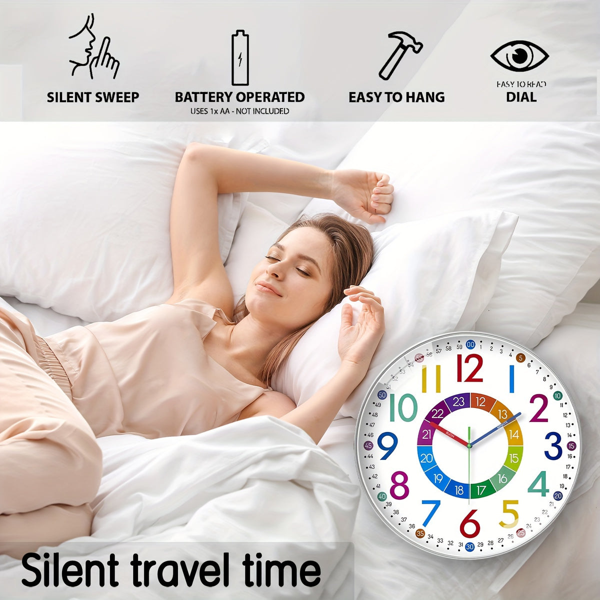 8-12 Inch Color Learning Wall Clock, Learn How to Tell The Time, Japanese Silent Quartz Movement, Plastic Frame, AA Battery Powered, Suitable for Bedroom, School, Teacher Decoration, Educational Teaching Auxiliary Supplies, Holiday Gift