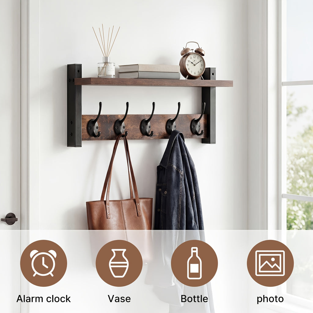 Wooden Wall-Mounted Shelf - Coat And Key Organizer with Floating Shelf And 5 Hooks, Key Rack for Bedroom And Entryway Storage, Towel Organizer for Bathroom, Suitable for Kitchen, Living Room, Bedroom, Bathroom