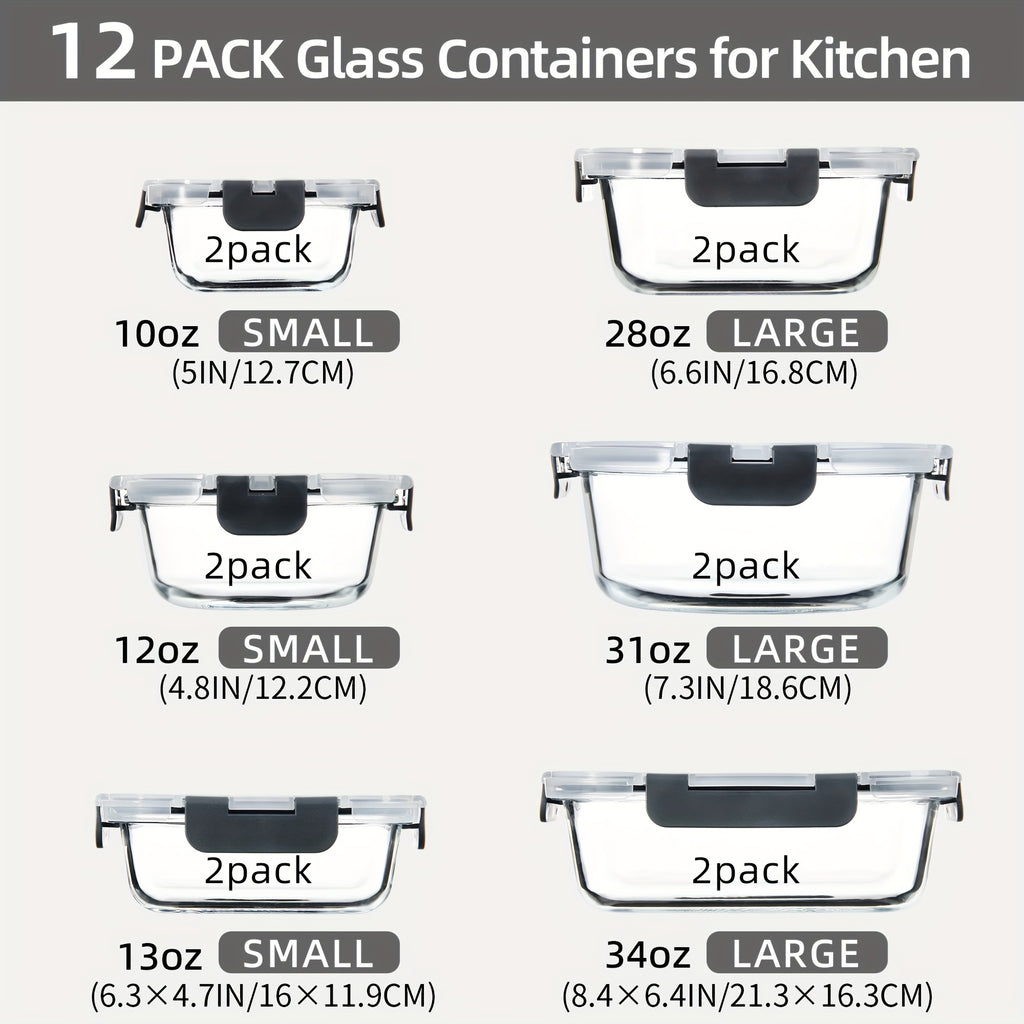 24pcs (12 Lids+12 Glass Bowl) Borosilicate Glass Food Storage Containers with Airtight Lids, Ideal for Meal Prep, Lunches - Microwave and Dishwasher Safe