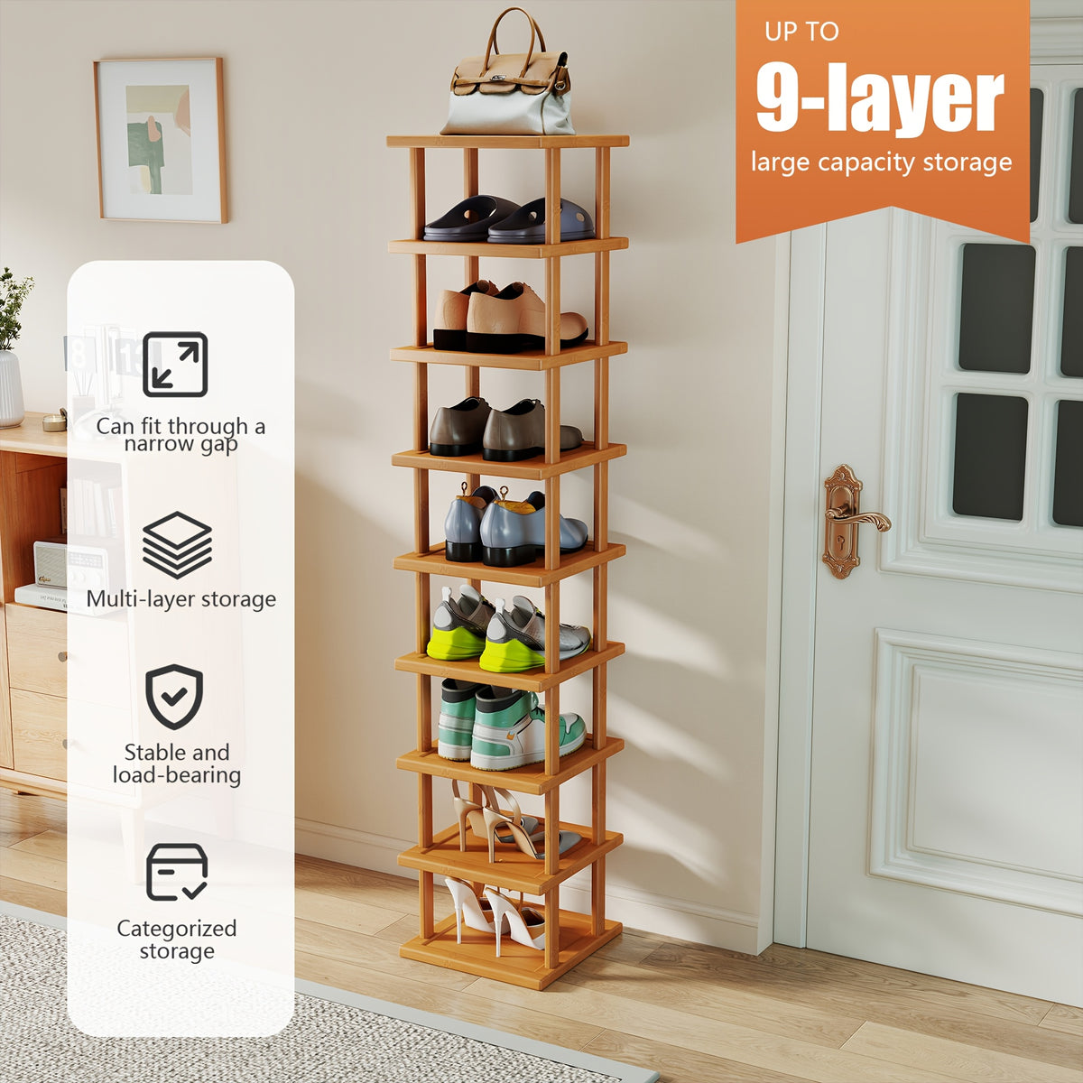 1pc 3/6/9 Layers Bamboo Shoe Rack, Capable Of Storing 3/6/9 Pairs Of Shoes, Wood Grain Decoration, Easy to Assemble, Space Saving, Suitable for Entrances, Living Rooms, Bedrooms, And Dormitories. Brown. Multi Layer Independent Storage Rack.