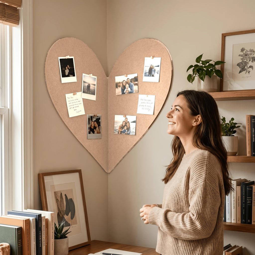 Heart Shaped Photo Memory Board, 25 x 19.5 Inch Felt Wall Display with Message Zone for Love Notes, Travel Memories and Sentimental Home Decor Gifts