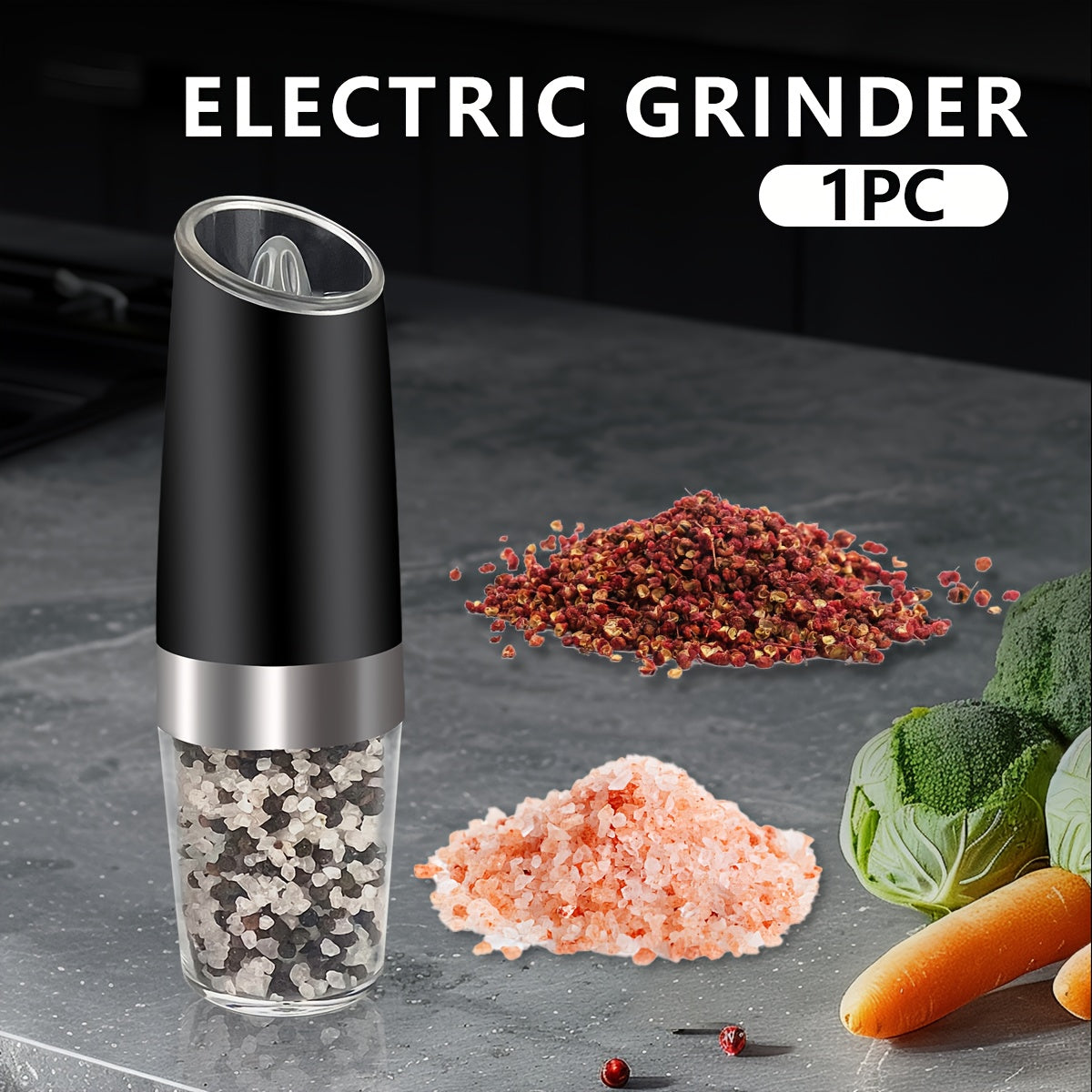 1pc Gravity Electric Pepper and Salt Grinder with Adjustable Coarseness Battery Operated LED Light (Battery Not Included) Each Grinder Requires 6 AAA Batteries You Need to Bring Your Own)