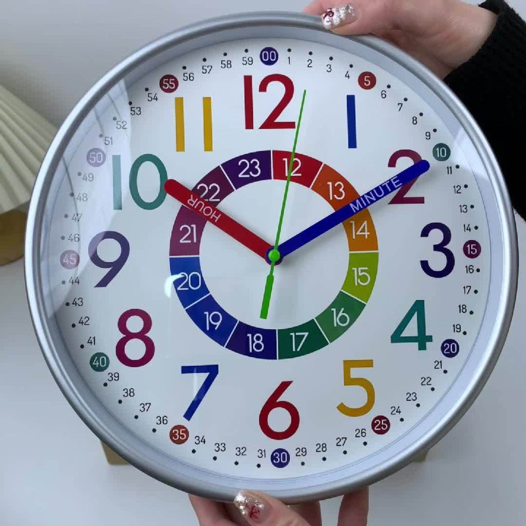 Learning Wall Clock for Kids, Colorful 8 10 or 12 Inch Time-Telling Teaching Clock with Silent Quartz Movement and Plastic Frame for Bedroom and Classroom