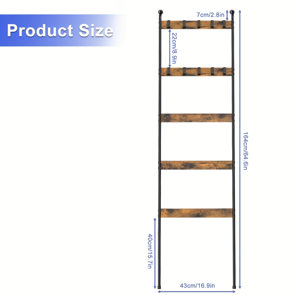 Blanket Ladder, 5 Tier Blanket Holder with 10 Removable Hooks, Farmhouse Style Blanket Ladder for Living Room Bathroom, Decorative Wall Mounted Wooden Quilt Standing Towel Drying Storage Rack