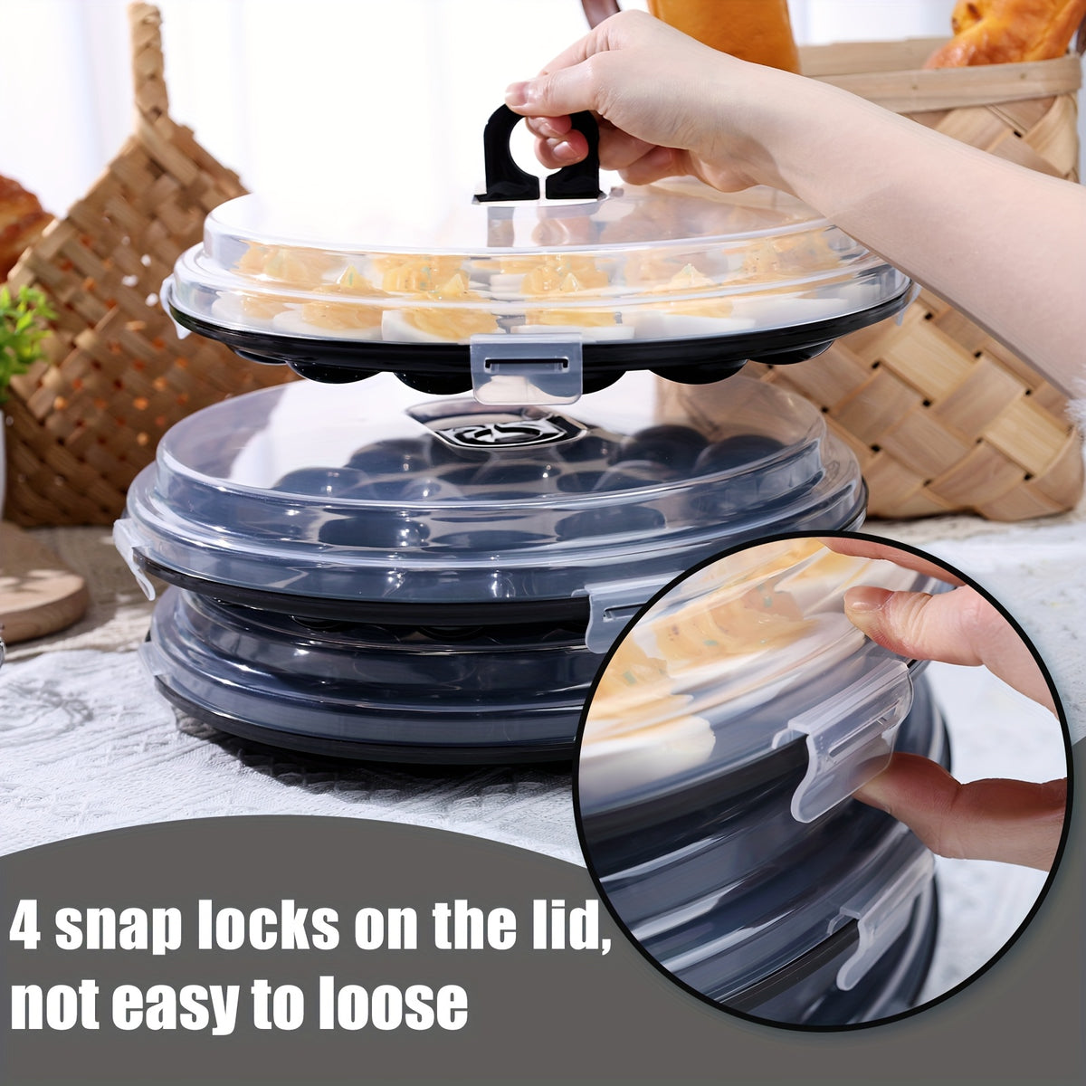 3pcs Deviled Egg Carriers For Kitchen, Black Plastic Round Egg Platters With Lid, 11.8Inch Portable Egg Tray With 66 Slots, For Large Capacity Kitchen Supplies For Valentine'S Day, Birthday Party, Family Gatherings, Wedding, Kitchen, Easter, Camping