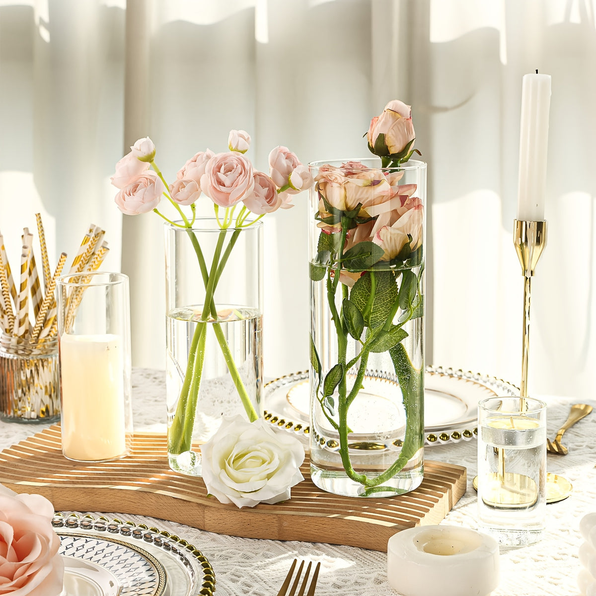 TOMNK 4/12/24/48/80pcs Clear Glass Cylinder Vases, 4, 6, 8, 10 Inch Tall Cylinder Vases for Centerpieces, Glass Flower Vase, Hurricane Floating Candle Holder Vase for Kitchen, Party, Wedding, Home Decor, for Halloween, Christmas