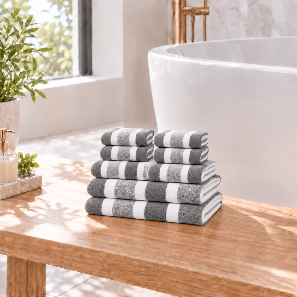 8pcs set, no hair loss, super absorbent, super soft two-color striped interval bath towel combination, including 2 large bath towels, 2 large face towels, 4 hand towels