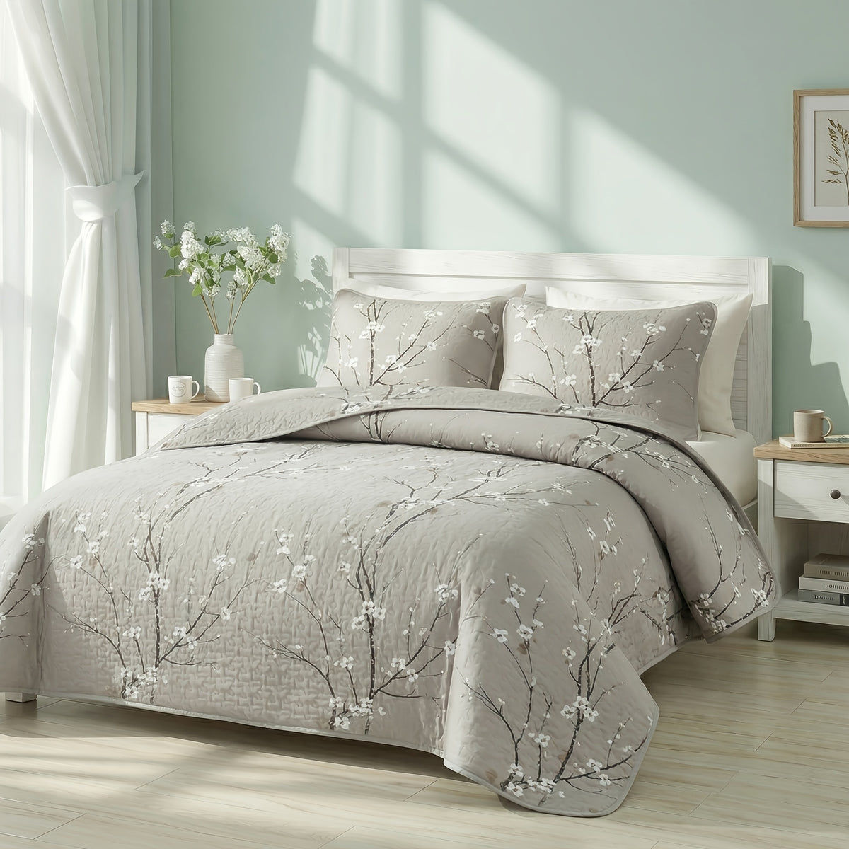2/3pcs Multicolour Tree Branch Plum Blossom Quilted Quilt, 1pc Quilted Quilt+ 1/2pcs Pillowcases, Soft Breathable Comfortable Portability Hypoallergenic Machine Washable Bed Cover Bedding Room Decor, Twin/ Queen/ King Size