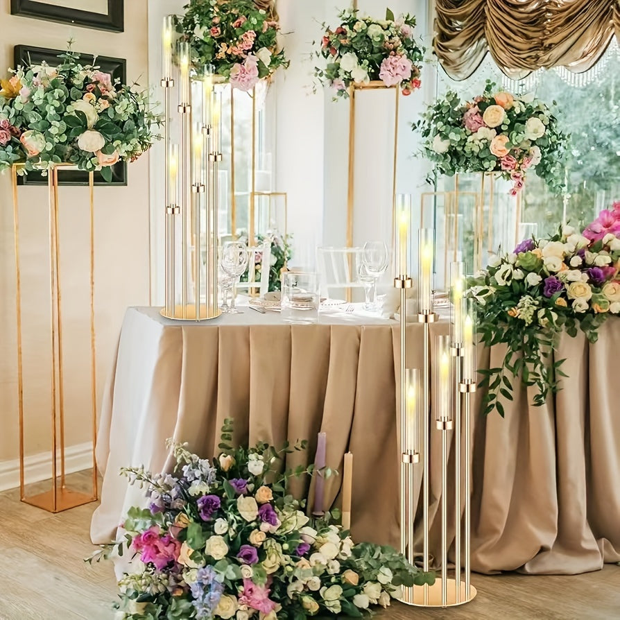 2 Sets Floor Candelabra 6 Arms 46'' Tall Candle Holder with 12pcs LED Candle for Valentine's day, Candelabra Centerpieces for Table, Metal Candlestick Set with Acrylic Lampshade for Wedding Decor (Golden) Seasonal Holiday Decoration,Candleholders