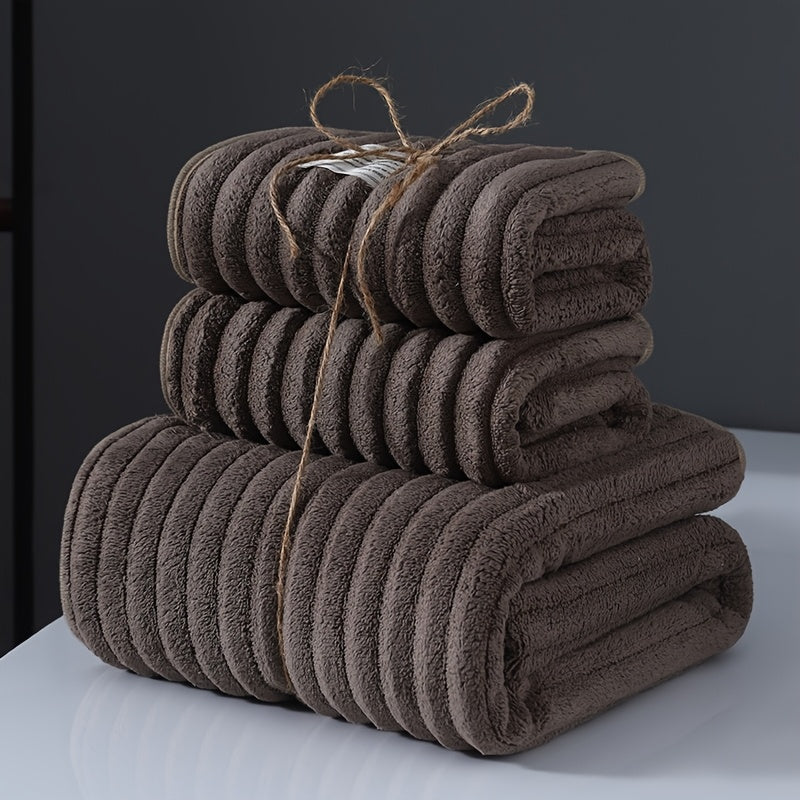 3pcs Bath Towel Set, 2pcs Hand Towels And 1pc Large Bath Towel, Towel, Bathroom Supplies, Large Bath Towel, Absorbent Bath Towel, Hand Towel, Kitchen Towel, Sports Sweat Towel And Bath Towel, Gym Additions, Coral Fleece Material Soft And Thickened