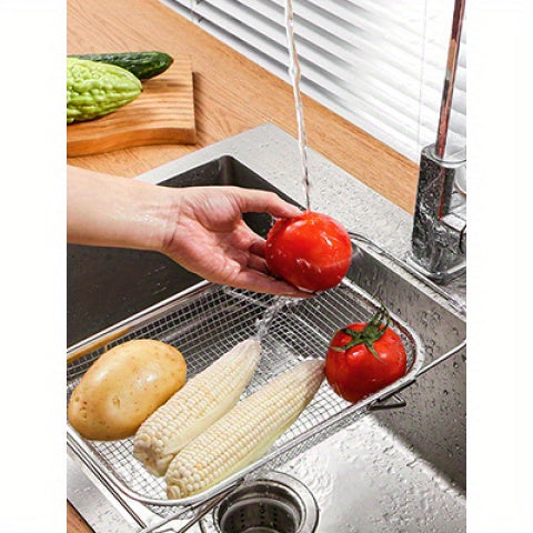 Telescopic Sink Colander, 201 Stainless Steel Adjustable Draining Basket, 13.39 x 9.45 Inch Listed Size for Washing Fruits and Vegetables in Home Kitchens