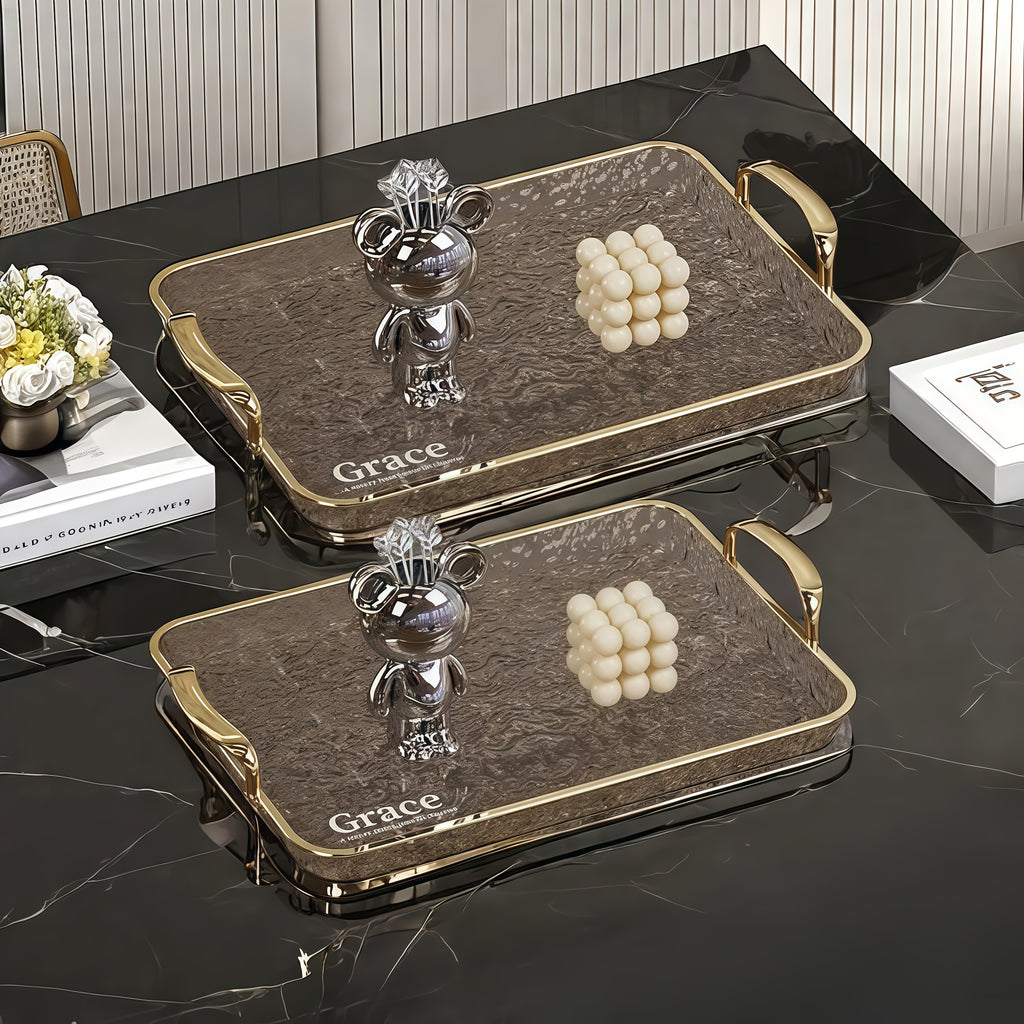 3pcs Transparent Elegant Golden-Rimmed Rectangular Trays Set, Large/Medium/Small PTE Transparent Serving Platters with Handles - Ideal for Fruits, Snacks, Pastries | Perfect for Parties & Festivals, Trays for Serving Food, Party & Festival Essenti