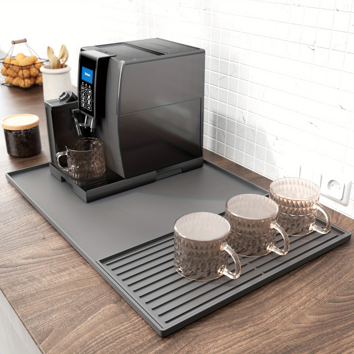 2-in-1 Silicone Coffee Mat with Raised Edges, Countertop Coffee Bar Mat, Suitable as a Coffee Bar Accessory for Under Coffee Machines and Espresso Machines, Dish Drying Mat, Black, 23.6'' X 15.7''