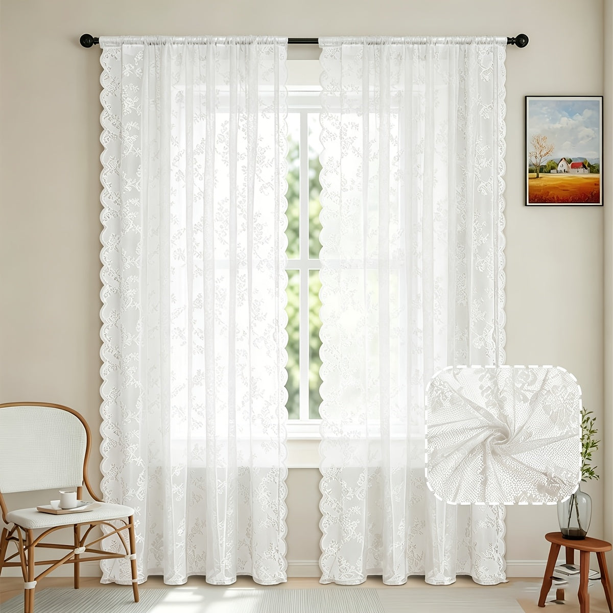 Set of Two White Lace Curtains with Floral Designs, Featuring a Bohemian Style And Semi-Transparent Fabric That Filters Sunlight. Suitable for All Seasons