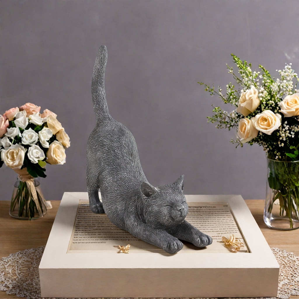 Yoga Cat Statue in Grey Resin, Hand-Painted Stretching Cat Figurine for Home, Office and Garden Decor, Decorative Sculpture Gift for Cat Lovers