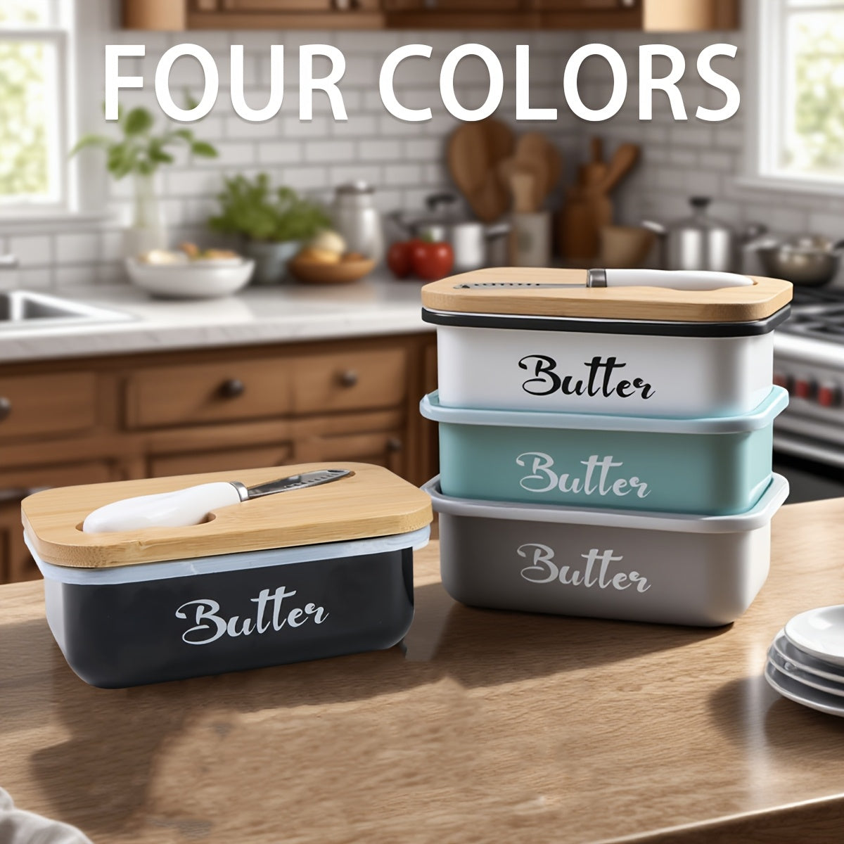 Iron Butter Tray with Bamboo Cover and Knife Large Capacity - Airtight Cheese Storage Box Kitchen Storage Items - Complete Colors - Mother's Day Thanksgiving Christmas Gifts Butter Storage Container Holiday Serving Elegant Durable