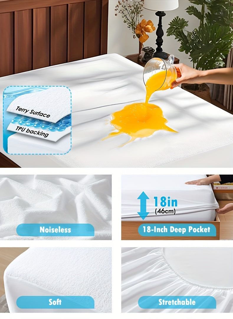 ClevaHome Waterproof Mattress Protector - King Queen Full Twin, Fitted Bed Sheet Only, Ultra Soft And Noiseless Surface, with PU Liner, 18 Inch Deep Pocket, Machine Washable, White, No Printing, Ideal for Bedwetting, Modern Bedroom Decor