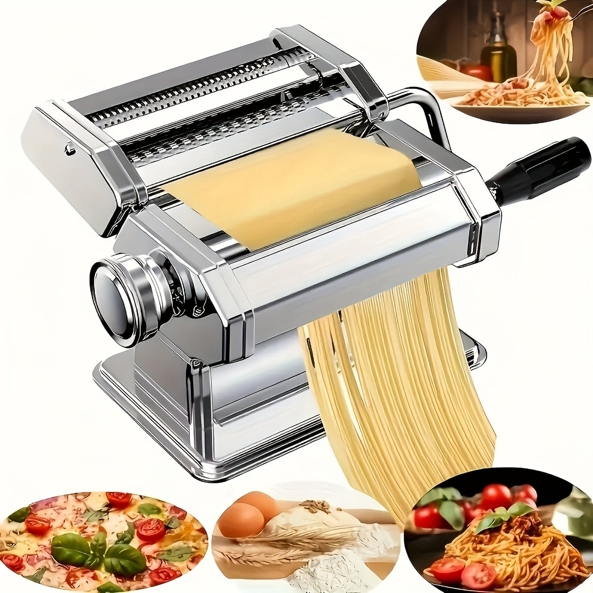 Manual Pasta Roller and Cutter with Adjustable Thickness, Hand-Crank Noodle Maker for Fresh Spaghetti, Fettuccine, Lasagna Sheets and Dumpling Dough