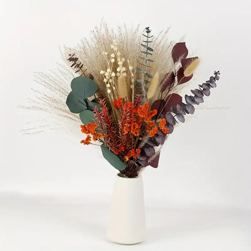 Bohemian Dried Flower Bouquet with Bama Grass, Eucalyptus & Rabbit Tail Plants - Artificial Plastic Flowers in Beige, Brown, White, Red, Green & Golden - Rustic Wedding, Bridal, Valentine'S Day, Halloween, Easter, Thanksgiving Centerpiece - No Maintenance