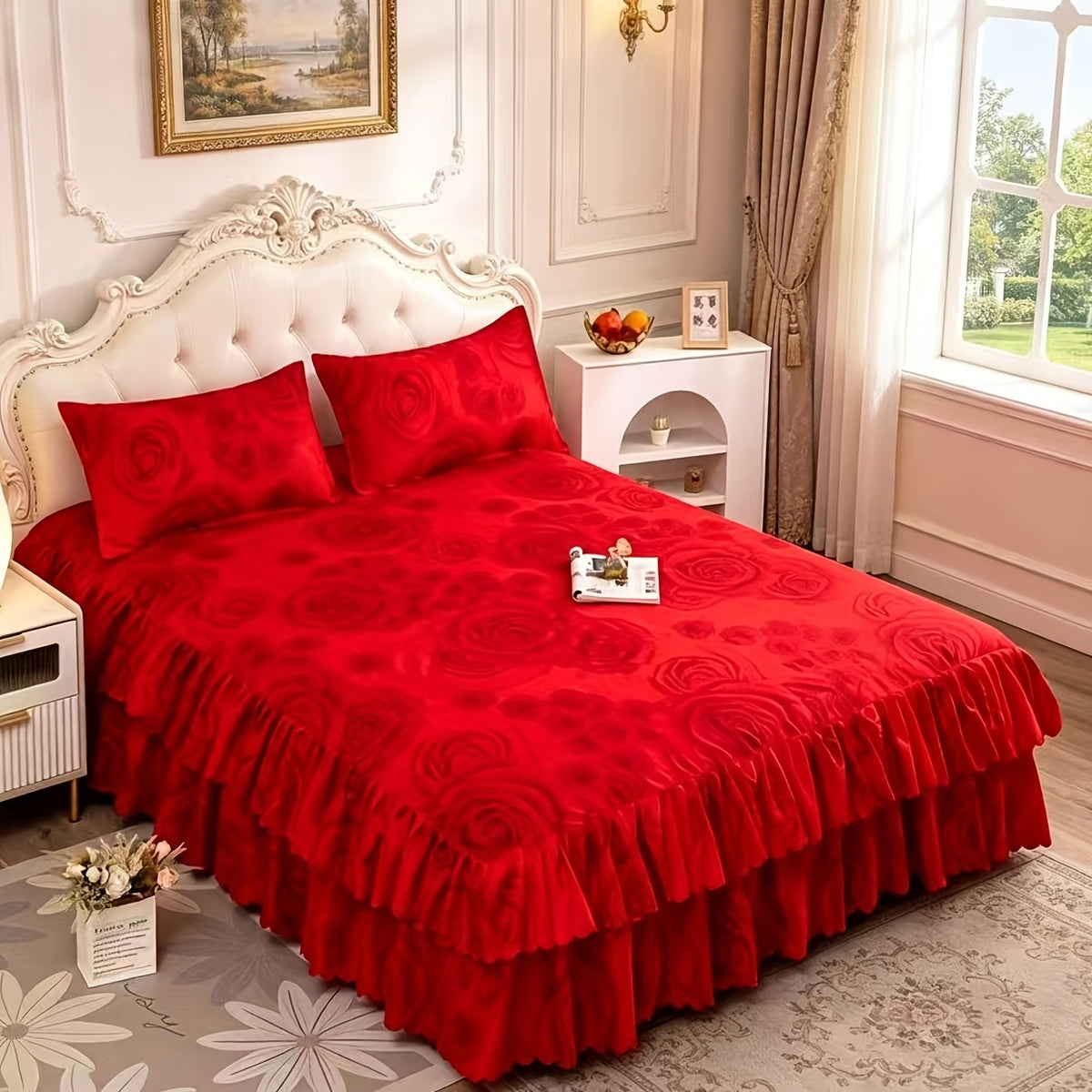 3pcs Tropical Floral Bed Skirt Set - Includes 1Non-slip Lace Bed Skirt And 2 Decorative Pillowcases All-season Polyester Bedding with Ruffles Machine Washable. Elegant Purple Color, Suitable for Bedrooms And Guest Rooms Bedding Set Without Inserts
