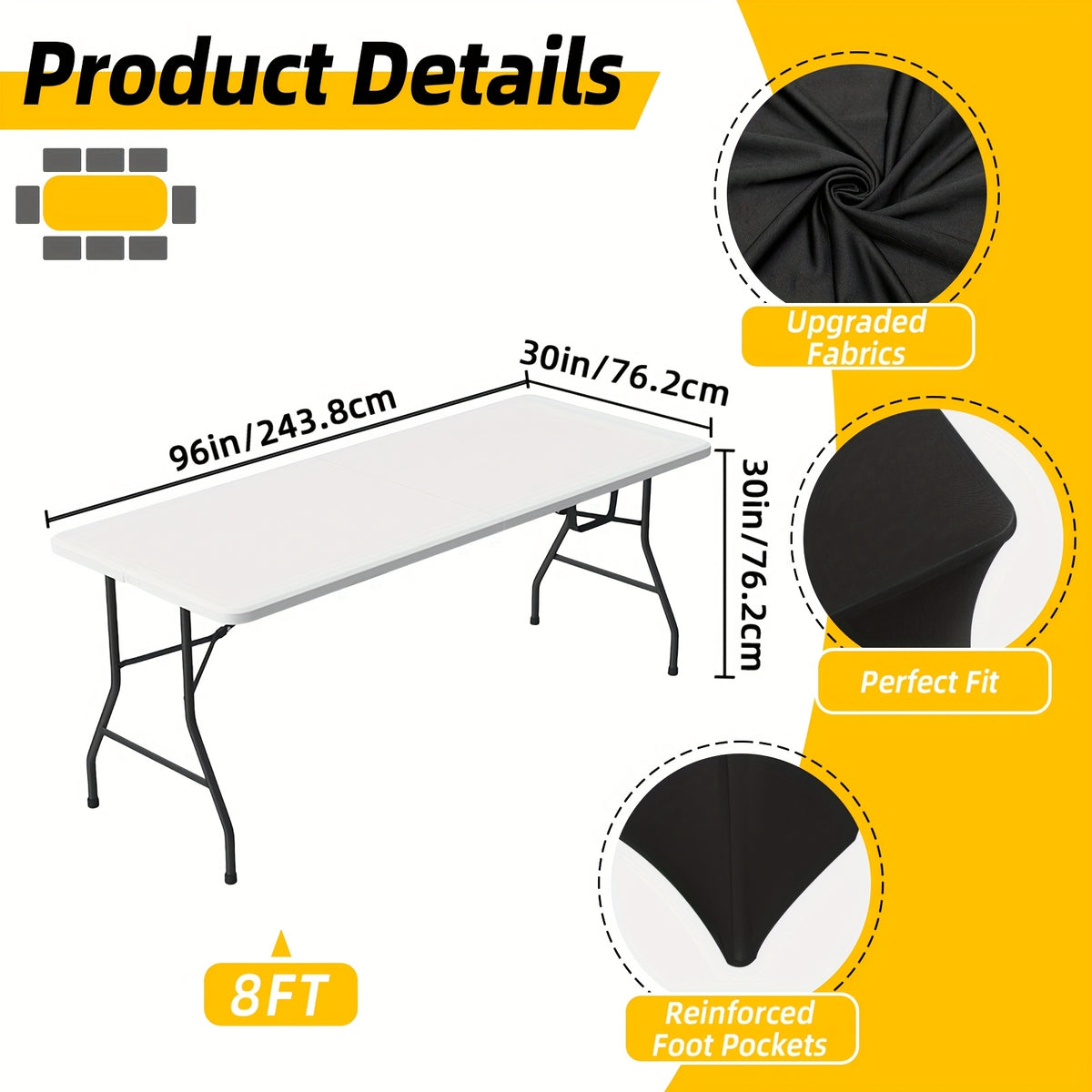 TOMNK 2pcs/3pcs Stretch Spandex Tablecloth, Rectangular, 4ft/6ft/8ft, Black/White, Wrinkle-Resistant Material, Suitable for Wedding Banquets, Trade Shows, Bridal Showers, Graduation Parties, Mother's Day Decorations, Halloween, Christmas