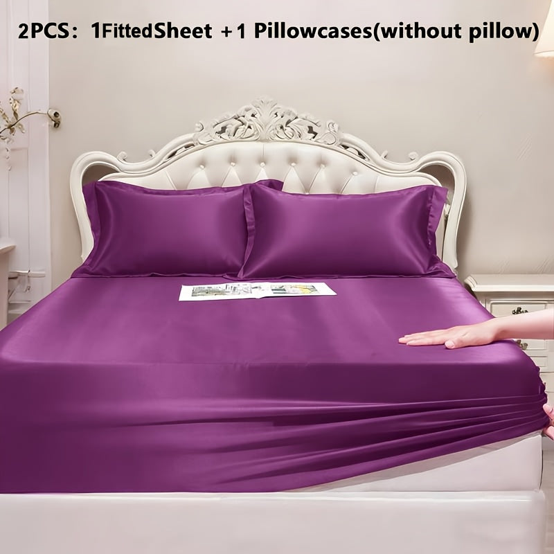 Luxury Satin Fitted Sheet, Fitted Sheet+Pillowcase, Queen Sheet, Cooling, Smooth, Breathable, Wrinkle-Resistant, Machine Washable, Easy Care Ultra Soft for Hot Sleepers Child, Children, Adults, Hotels, Apartments, Wedding Gifts-3000TC Random Color