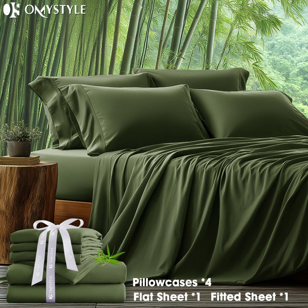 6pcs Bamboo Blend Bed Sheet Set-Flat Sheet, Fitted Sheet And 4 Pillowcases, Luxury Breathable Sheet Set, Ultra Soft Sheet for Hot Sleepers, Deep Pocket, King/Queen/Full/Twin