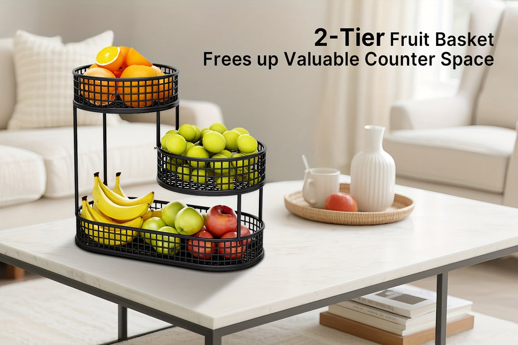 Large Capacity 3-Tier Black Metal Fruit Basket, Efficient Kitchen Organization, Perfect for Fruits, Vegetables, Bread, Snacks