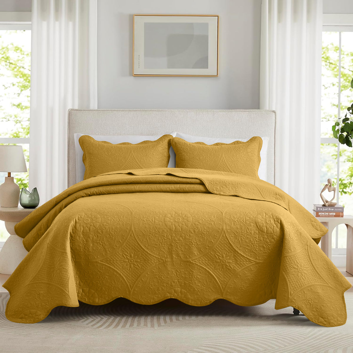3pcs Luxury Quilted Bedspread Set – Oversize Quilt Coverlet Soft & Cozy Floral Bedspread with Pillow Shams, Breathable Lightweight for Bedroom & Guest Room Decor