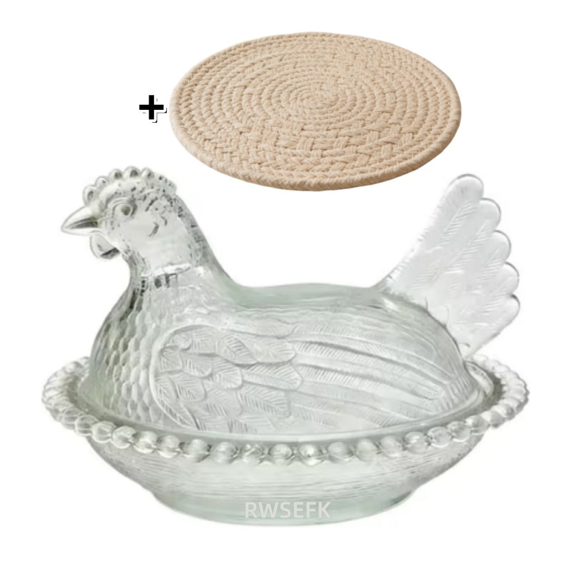Adorable Candy-Colored Chicken-Shaped Crystal Glass Storage Jar with Lid and Placemats - Perfect Table or Desk Ornament Decorative Dish - Ideal for Candy, Snacks, Jewelry, or Desktop Decor, Organizing Supplies, Kitchen Accessories - Home Storage