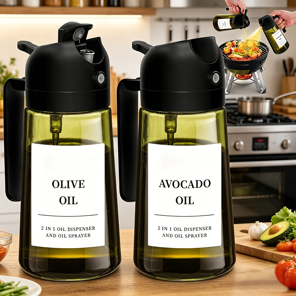 Olive Oil Spray and Pour Bottles, Set of 2 Glass 16 oz 480 ml Dispensers for Cooking and Salad Drizzling in Dark Green or White Transparent